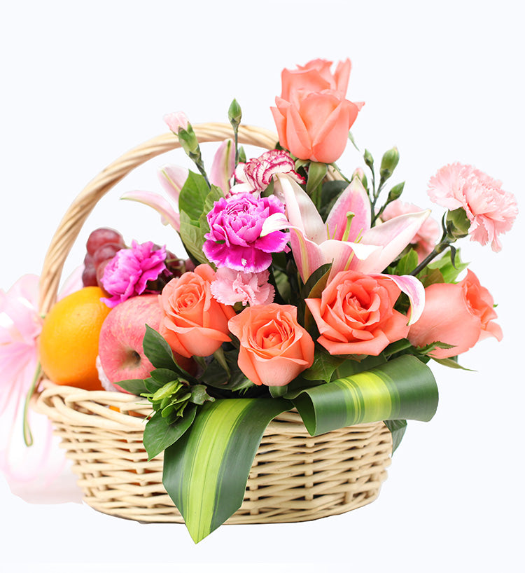 Fruit basket-1 perfume lily, 8 pink roses to China-1 day advance booking required
